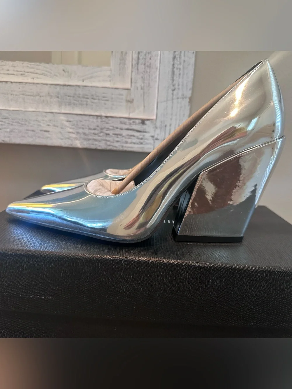 Rebecca Minkoff West Mirror Metallic Silver Block Heel Pumps NIB Size 7.5